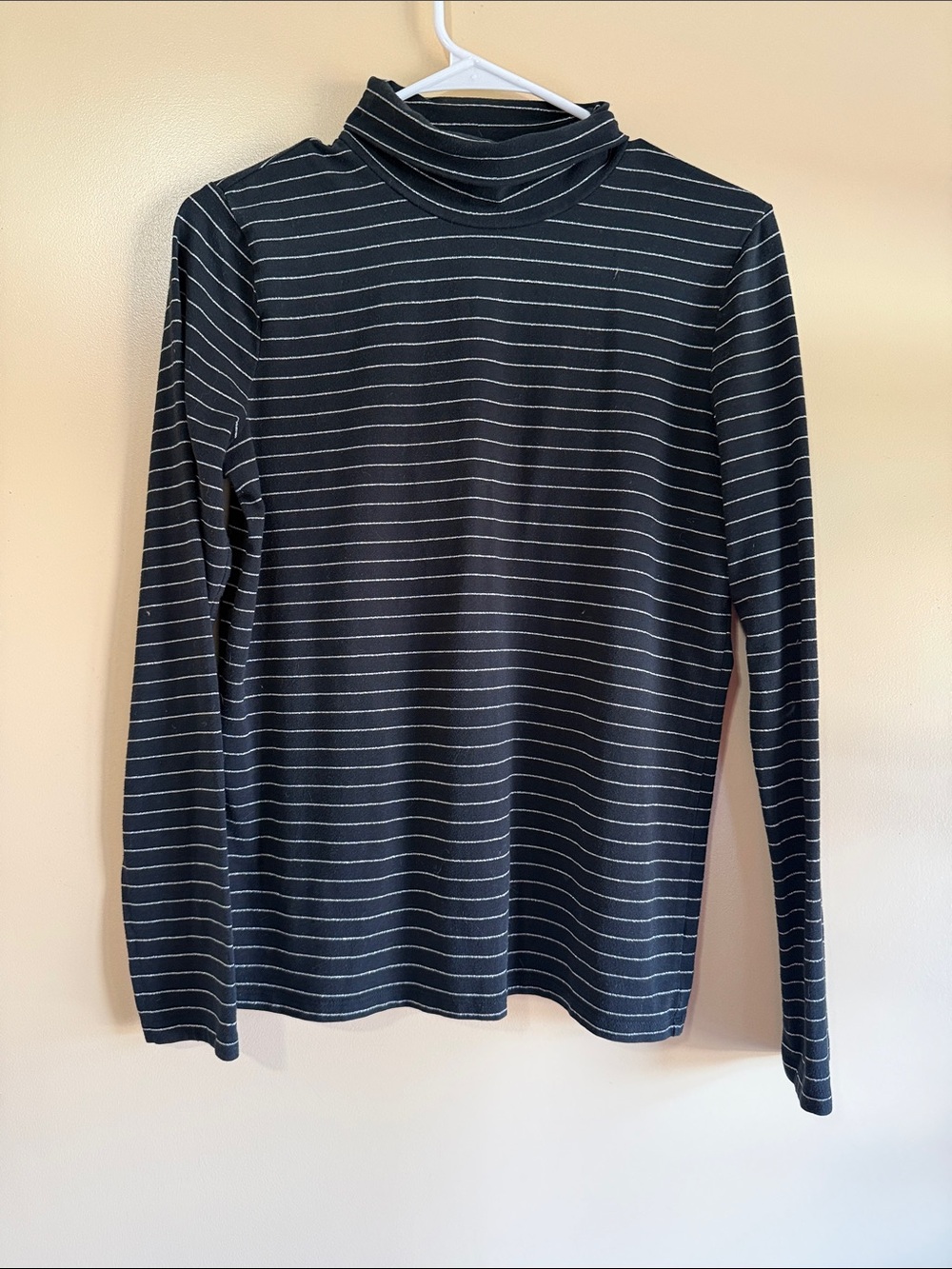 GAP Black Long-Sleeve Turtleneck with Thin White Stripes
